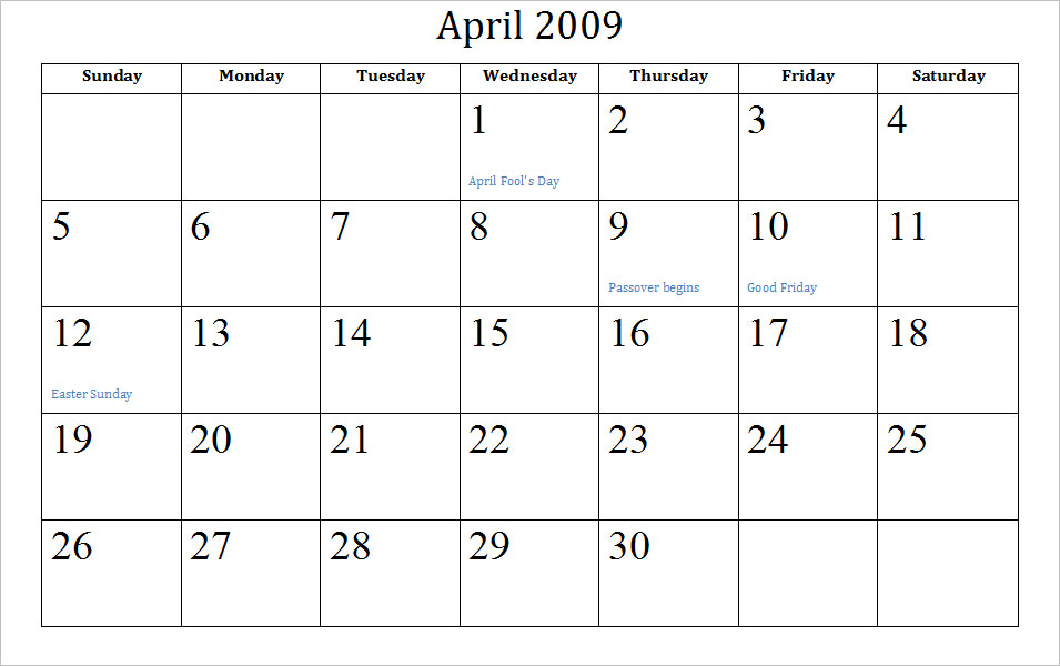 april 2010 calander. Blank April Calendar