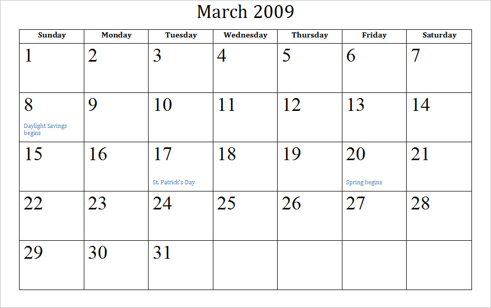 calendar 2010 march. Blank March Calendar