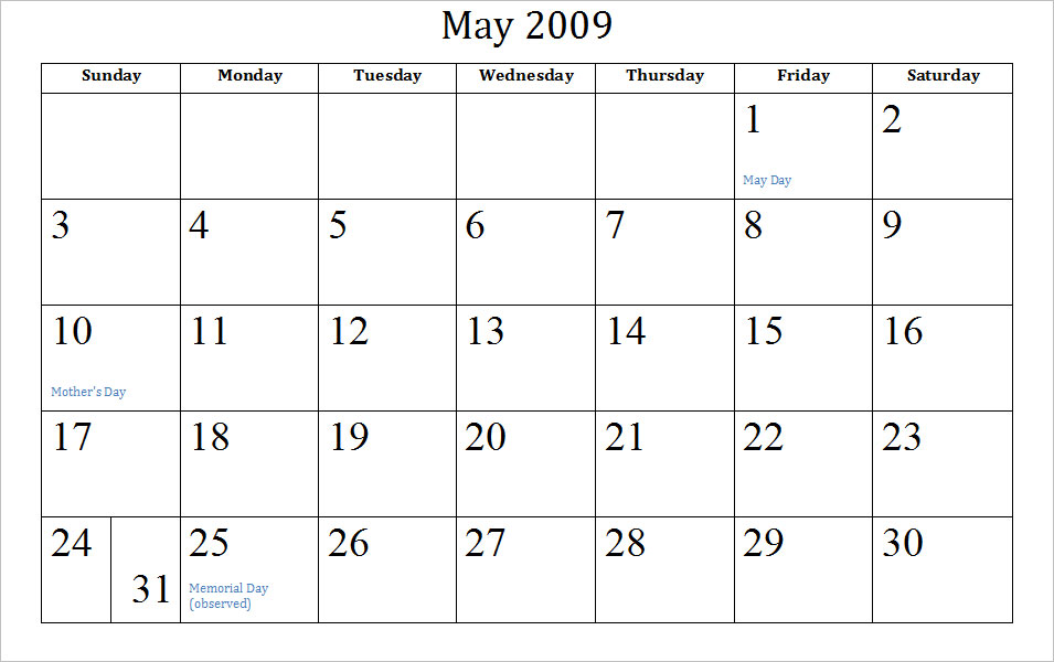 printable calendars may 2011. Blank May Calendar