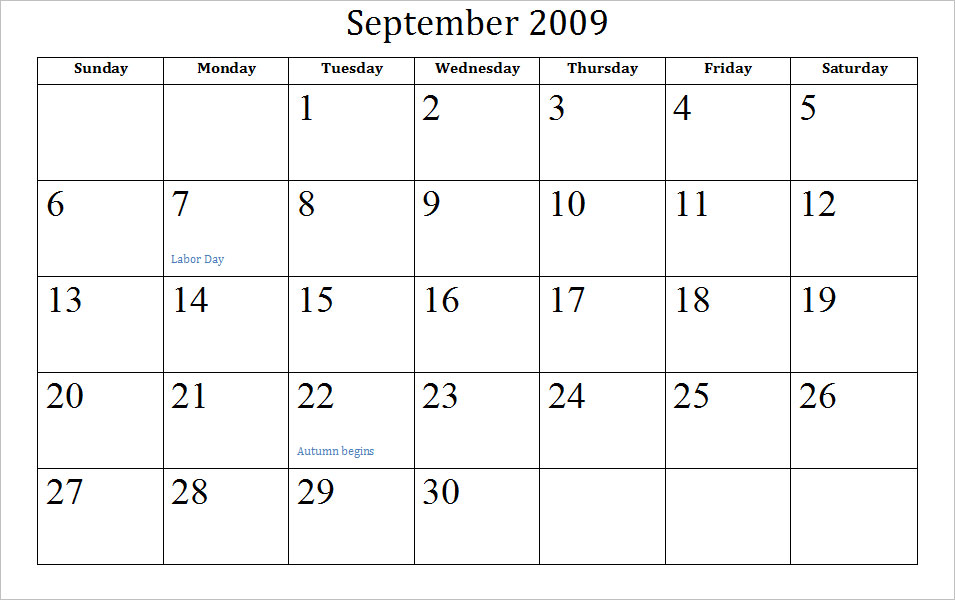 september 2010 calendar printable. Blank September Calendar