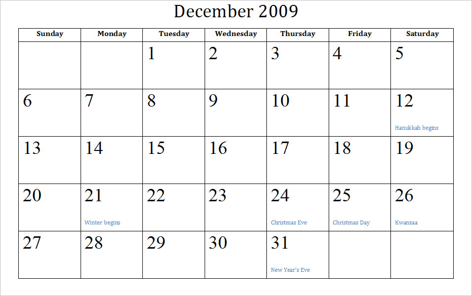 calendar template 2009. December 2011 Calendar
