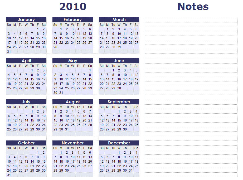 2010 calendar printable