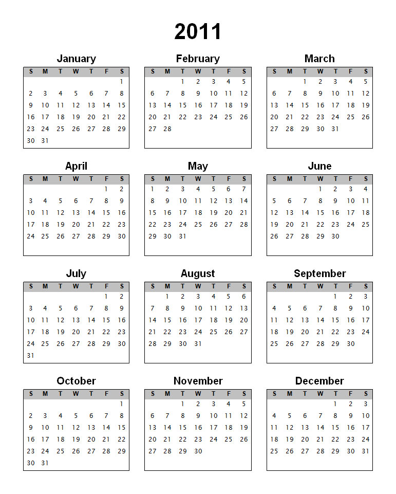 2011 calendar month by month