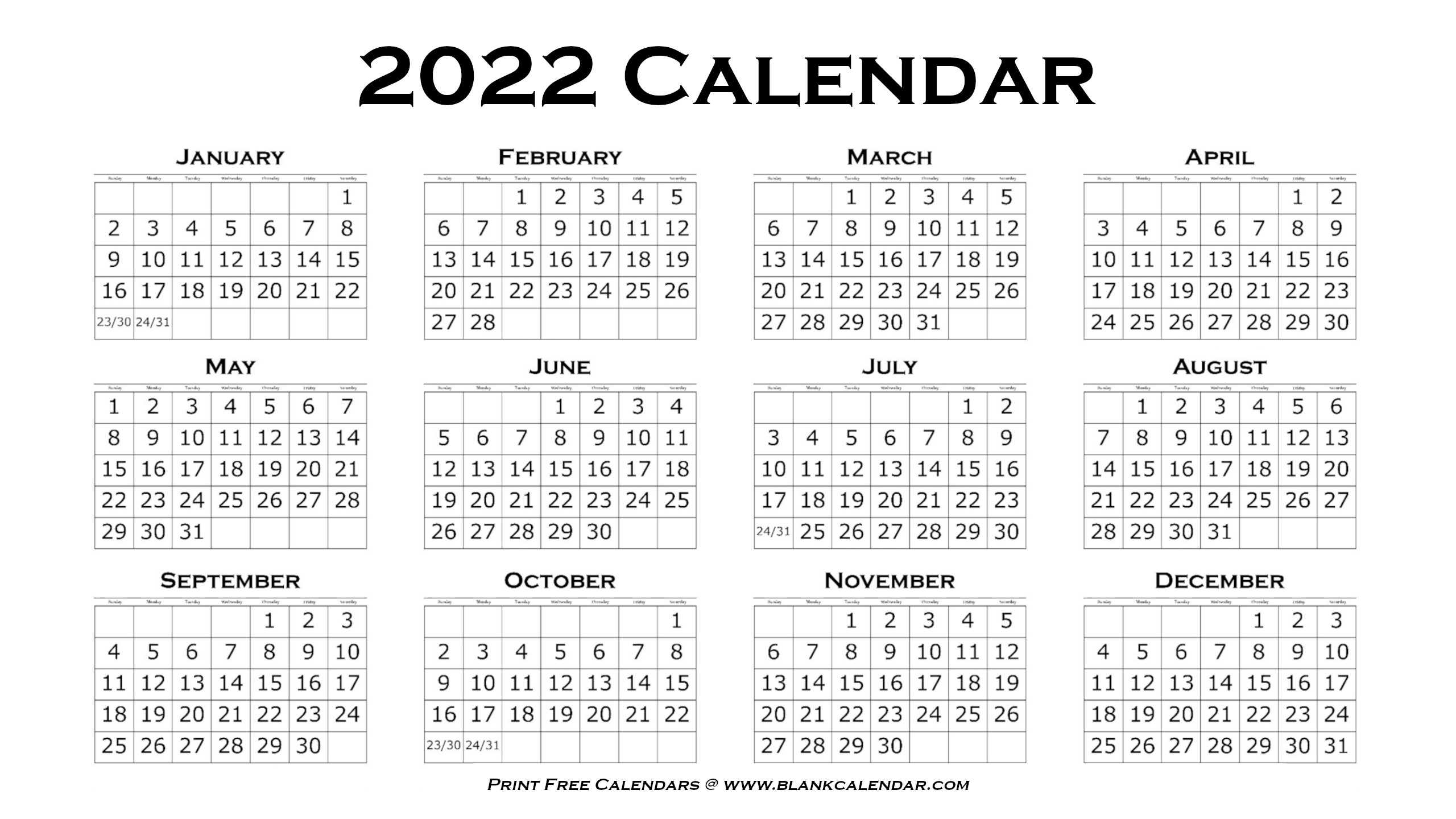 2022 Calendar Landscape