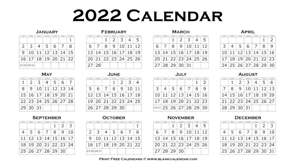 2022 Calendar - Landscape