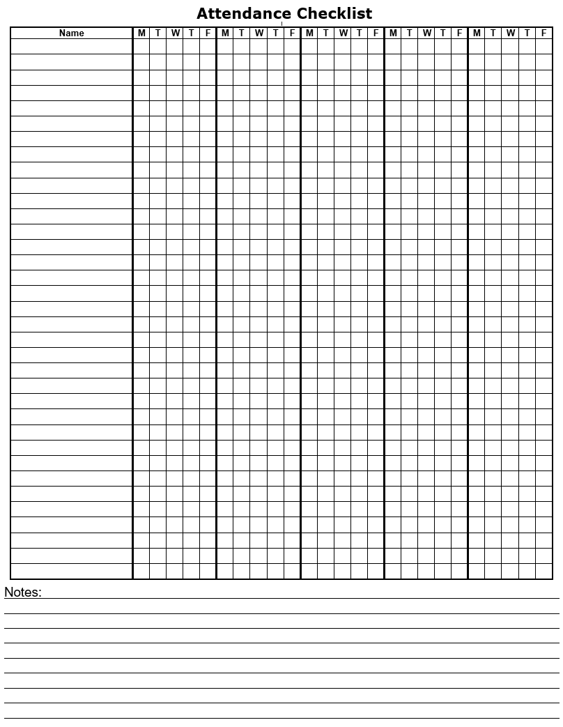 Attendance Checklist Calendar