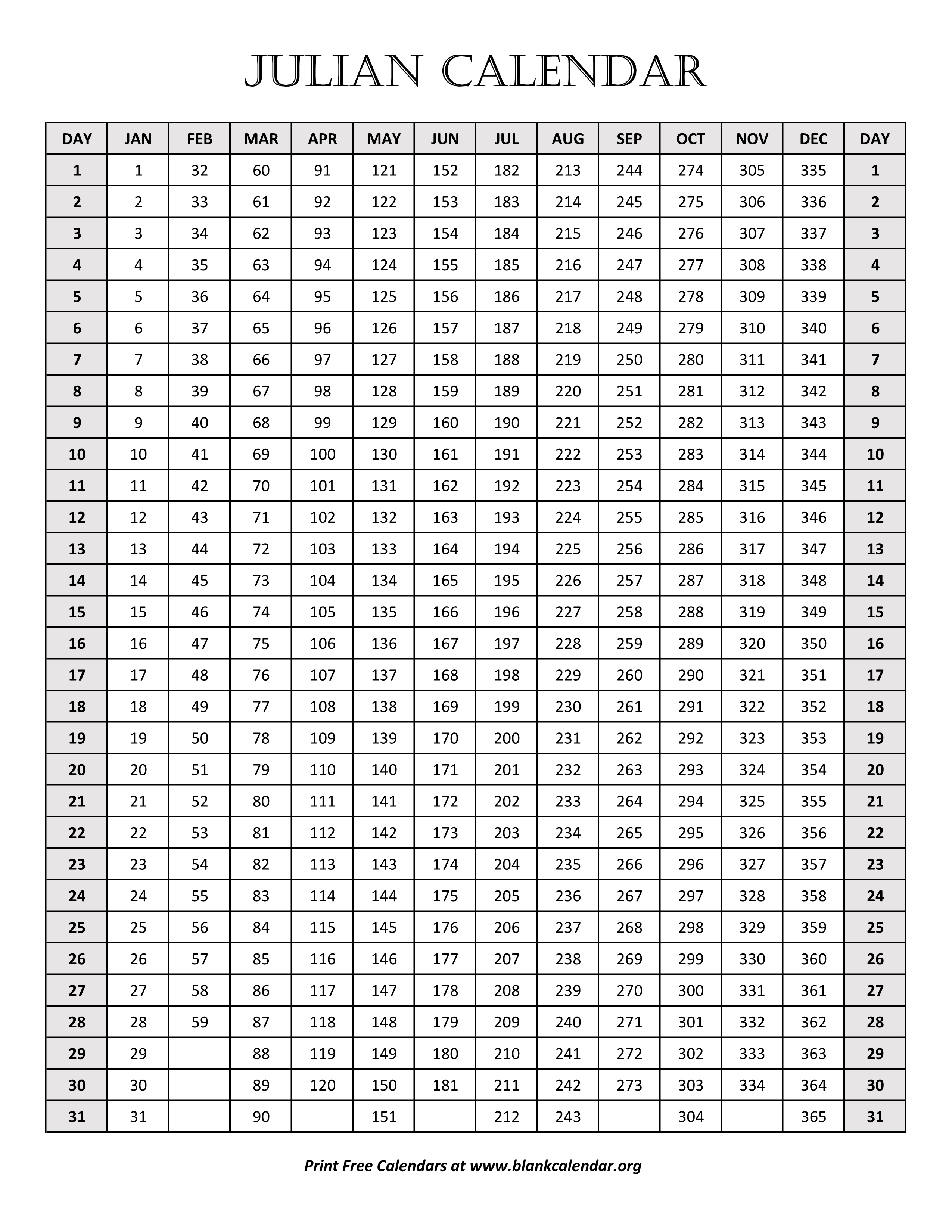 Julian Calendar Blank Calendar